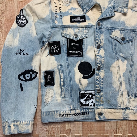 Civil Regime Denim Jacket Patches Thrashed Size 30 Faded Blue Jean Grunge Punk - Picture 6 of 11